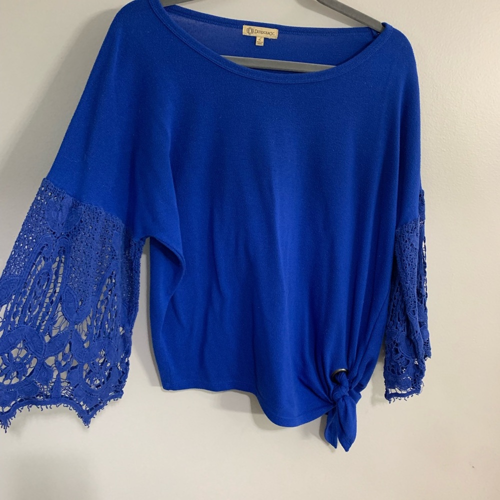 Democracy Cobalt Blue Blouse with Lace Sleeves